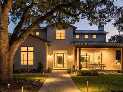 Home exterior with elegant landscape lighting at dusk