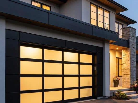 Modern black steel and glass garage door at dusk