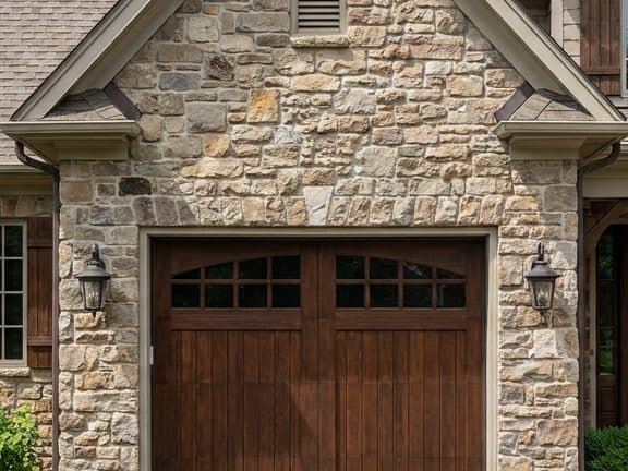 Carriage-house style wood garage door on stone facade