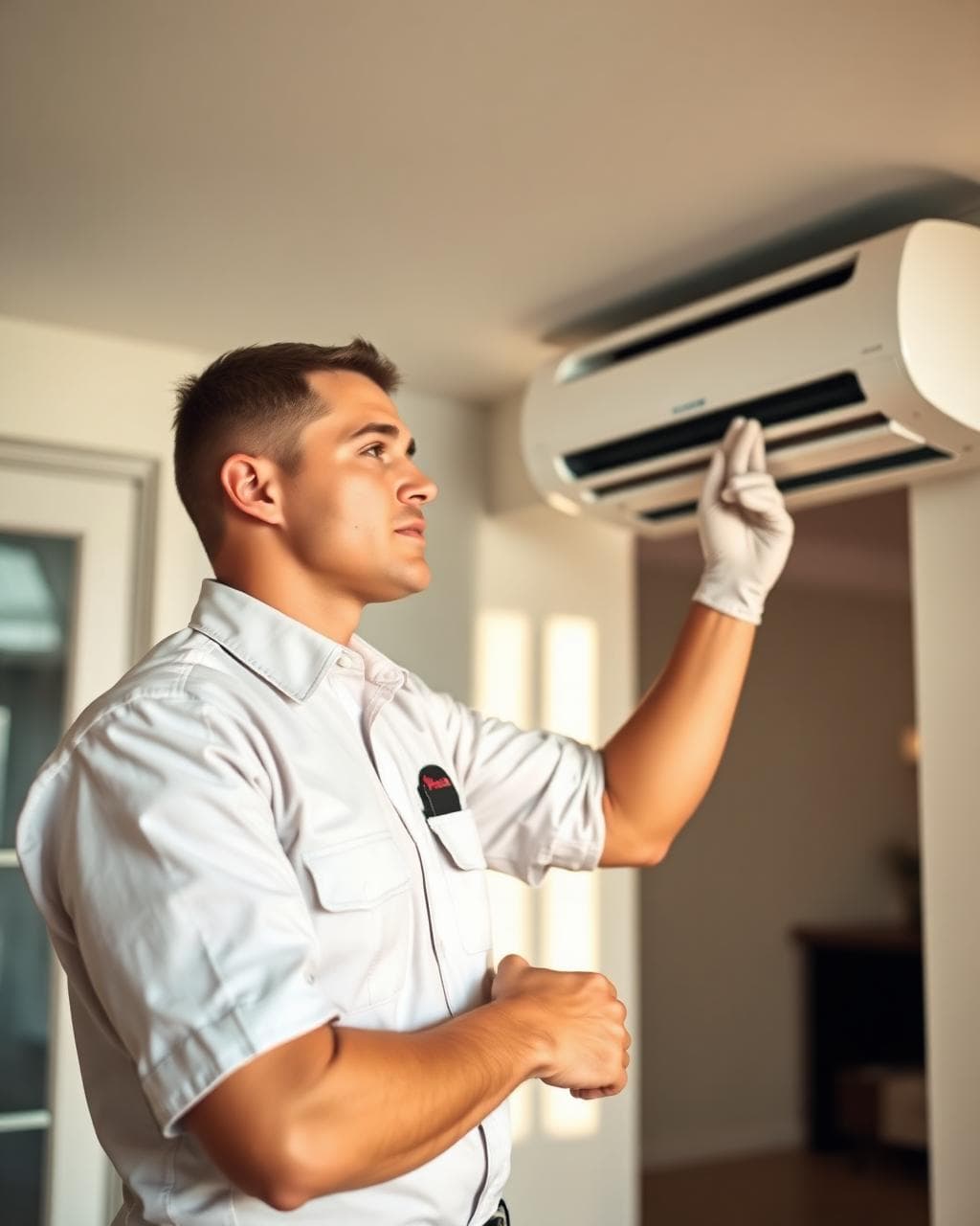 Technician installing a ductless mini-split in a modern living room