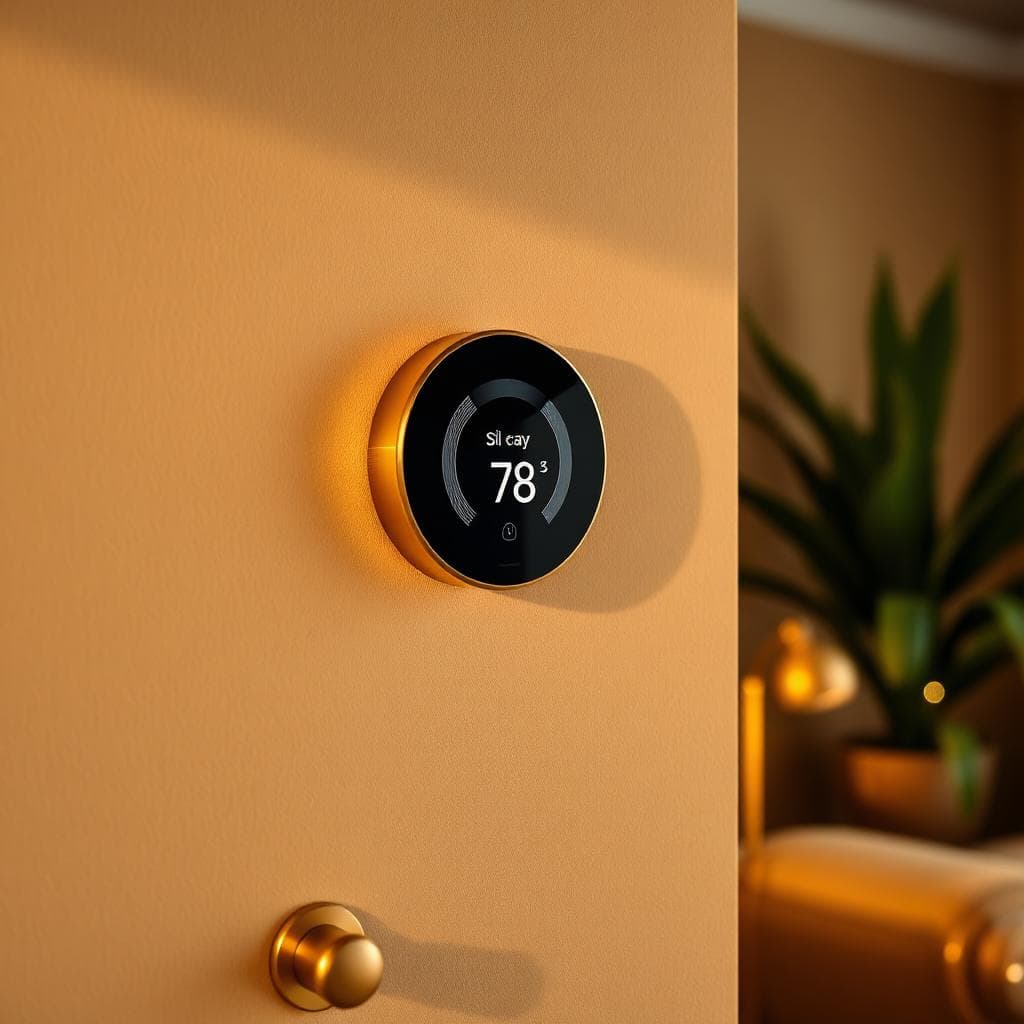 Brass smart thermostat mounted in a modern hallway