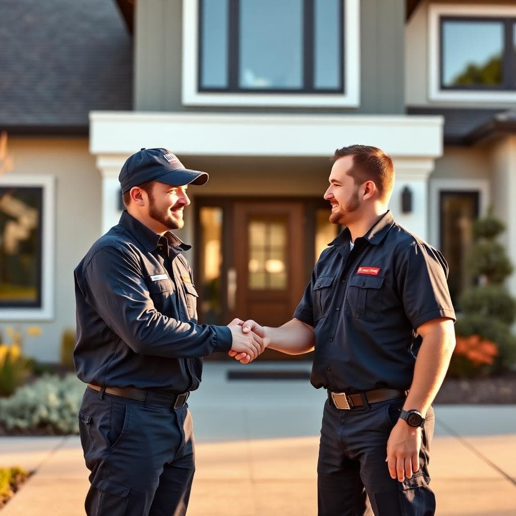 Ashford & Vance technicians greeting a homeowner outside a home
