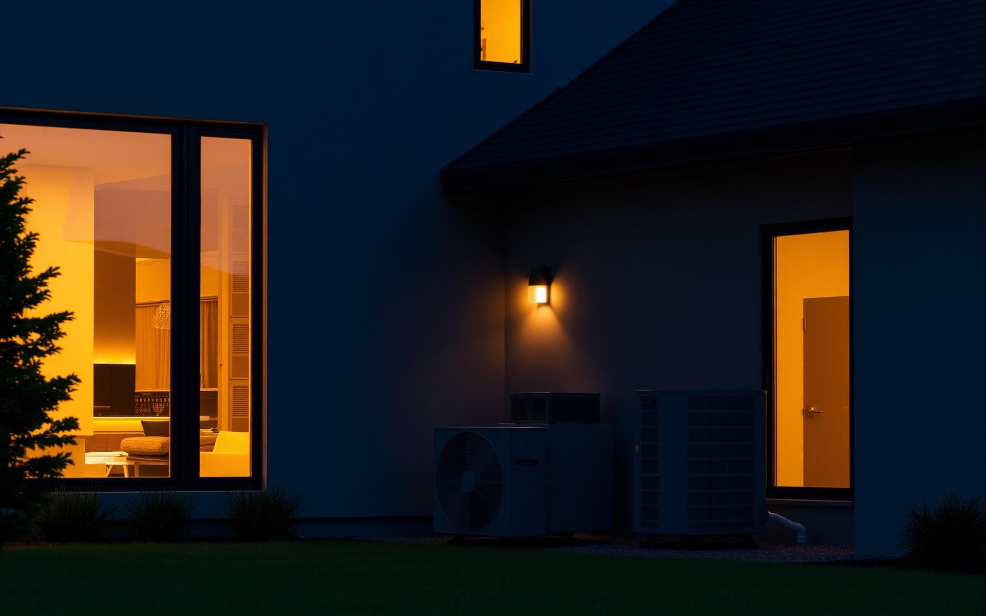 Modern luxury home at dusk with a professionally installed HVAC system