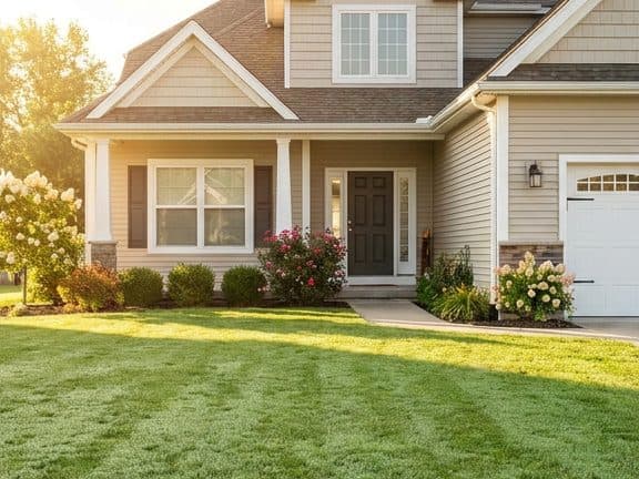 Protected home exterior with manicured lawn in morning light