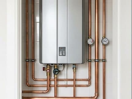 Tankless water heater installation with clean copper pipework