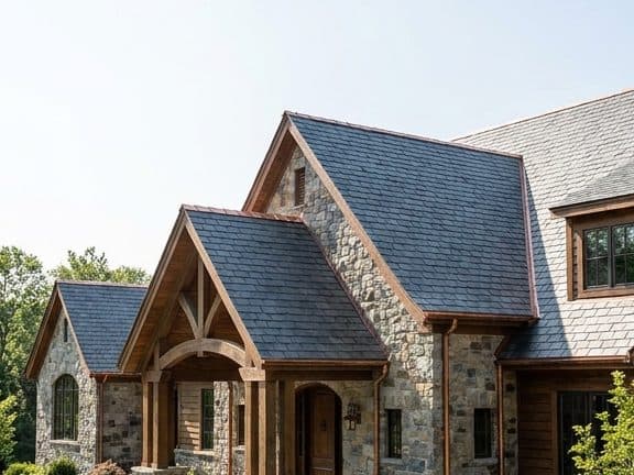 Completed architectural slate roof on a luxury home